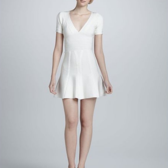 Hervé Léger white cap sleeve dress deep v - Picture 1 of 6